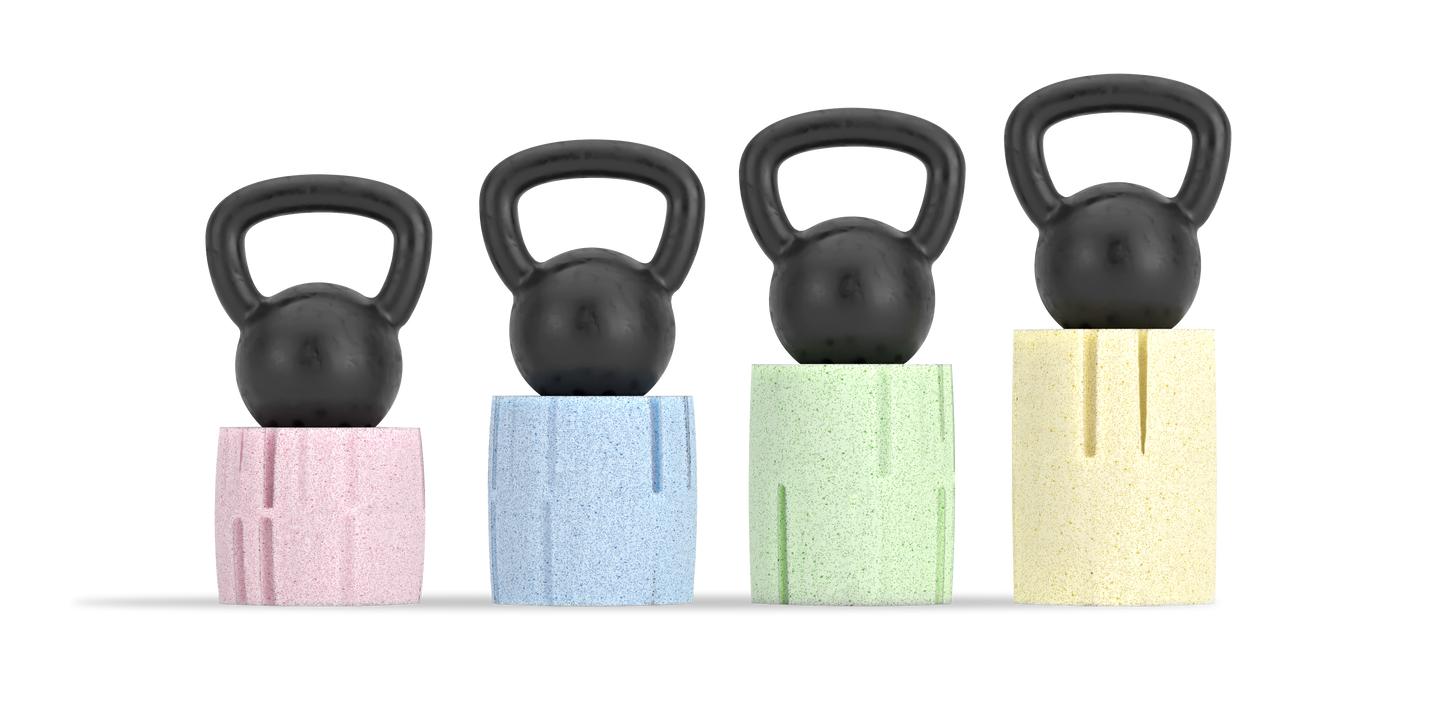 Picture of Reverie natural Talalay latex foam springs. Firmness displayed by showing kettle bells on top, with pink (extra soft), blue (soft), green (medium) and yellow (firm).