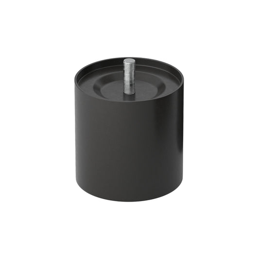 Black cylindrical adjustable leg with a threaded rod on a white background