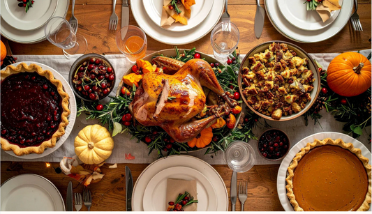 Holiday dinner with food and drink that can prevent good sleep when eaten in excess.
