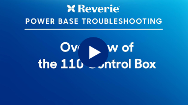 Title card for 'Reverie Power Base Troubleshooting Overview of the 110 Control Box' with a blue background and play button.