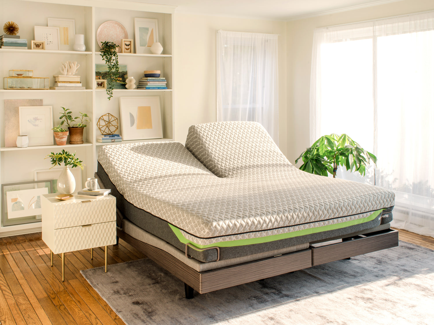 Reverie split top king mattress on an adjustable bed in a well-decorated bedroom with shelves and plants.