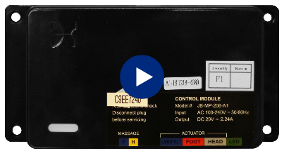 Control box module with a play button icon on a black background.