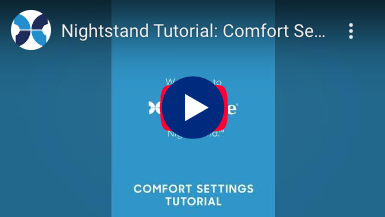 Screen showing a tutorial for comfort settings on a blue background with a play button icon.