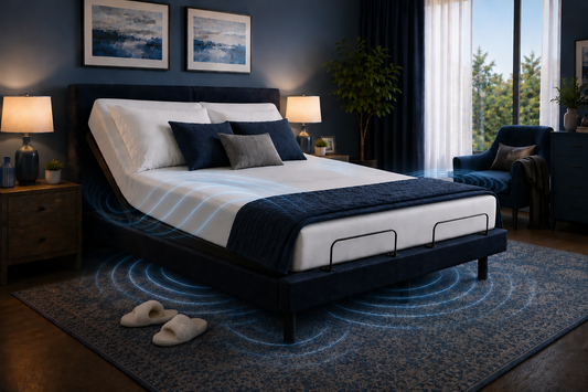 An adjustable electric bed in a modern navy blue bedroom, shown with glowing blue lines indicating massage and sound waves. The bed is dressed in white and navy bedding with a navy throw blanket, set on a patterned blue rug with a pair of slippers nearby.