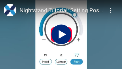 Screen of a device with 'Nightstand Tutorial: Setting Position' text, showing a play button and labeled parts for head, lumbar, and foot.