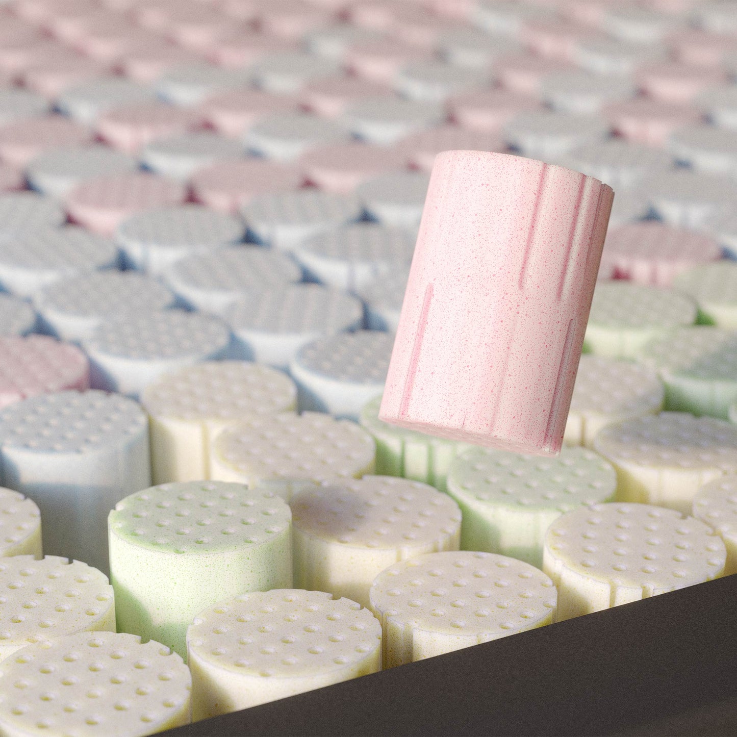 Close-up of pink and white textured foam mattress springs on a patterned background