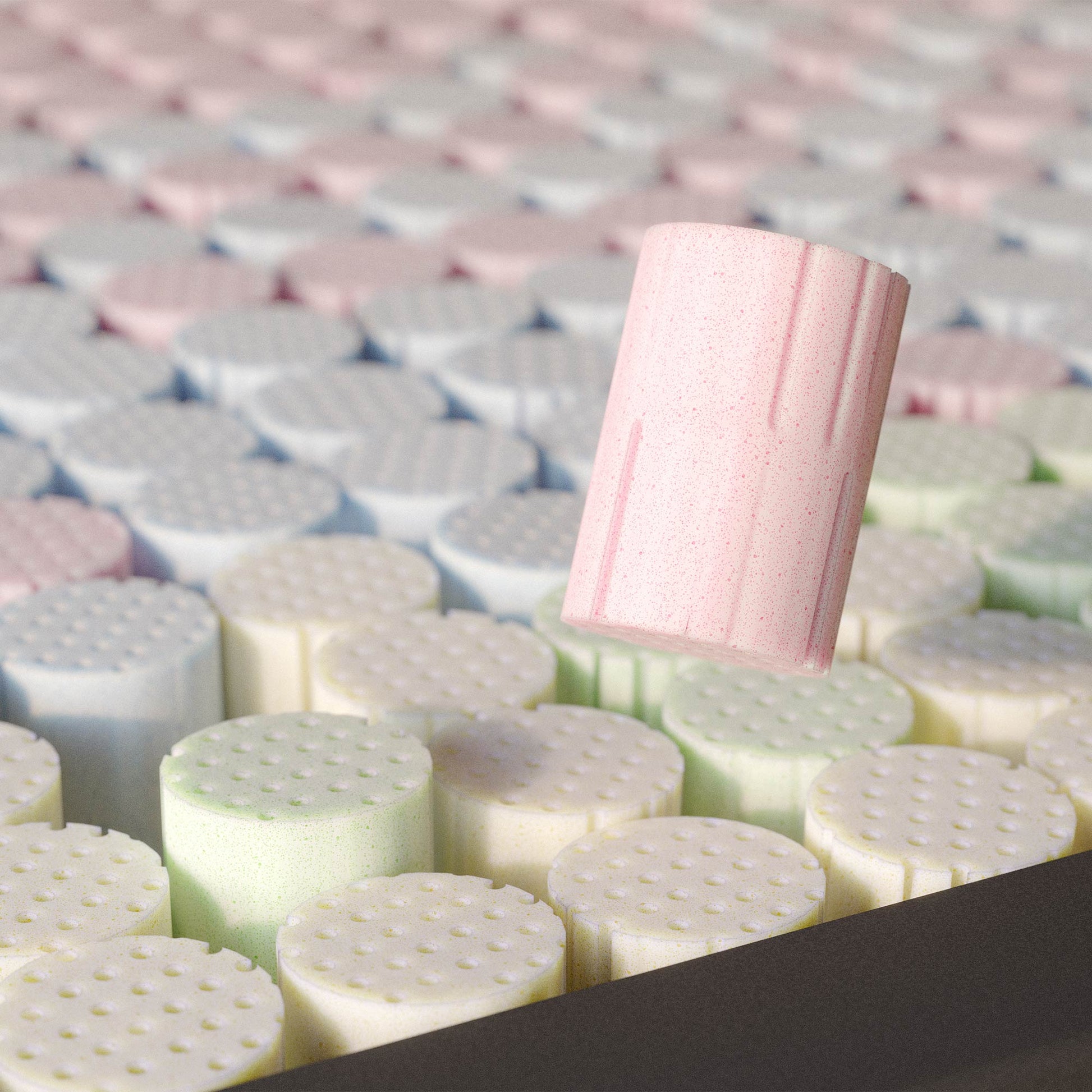 Close-up of pink and white textured foam mattress springs on a patterned background
