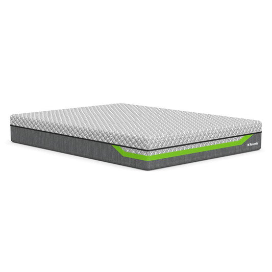 Reverie Dream Supreme II Hybrid queen mattress with grey cover and green mesh detail. 