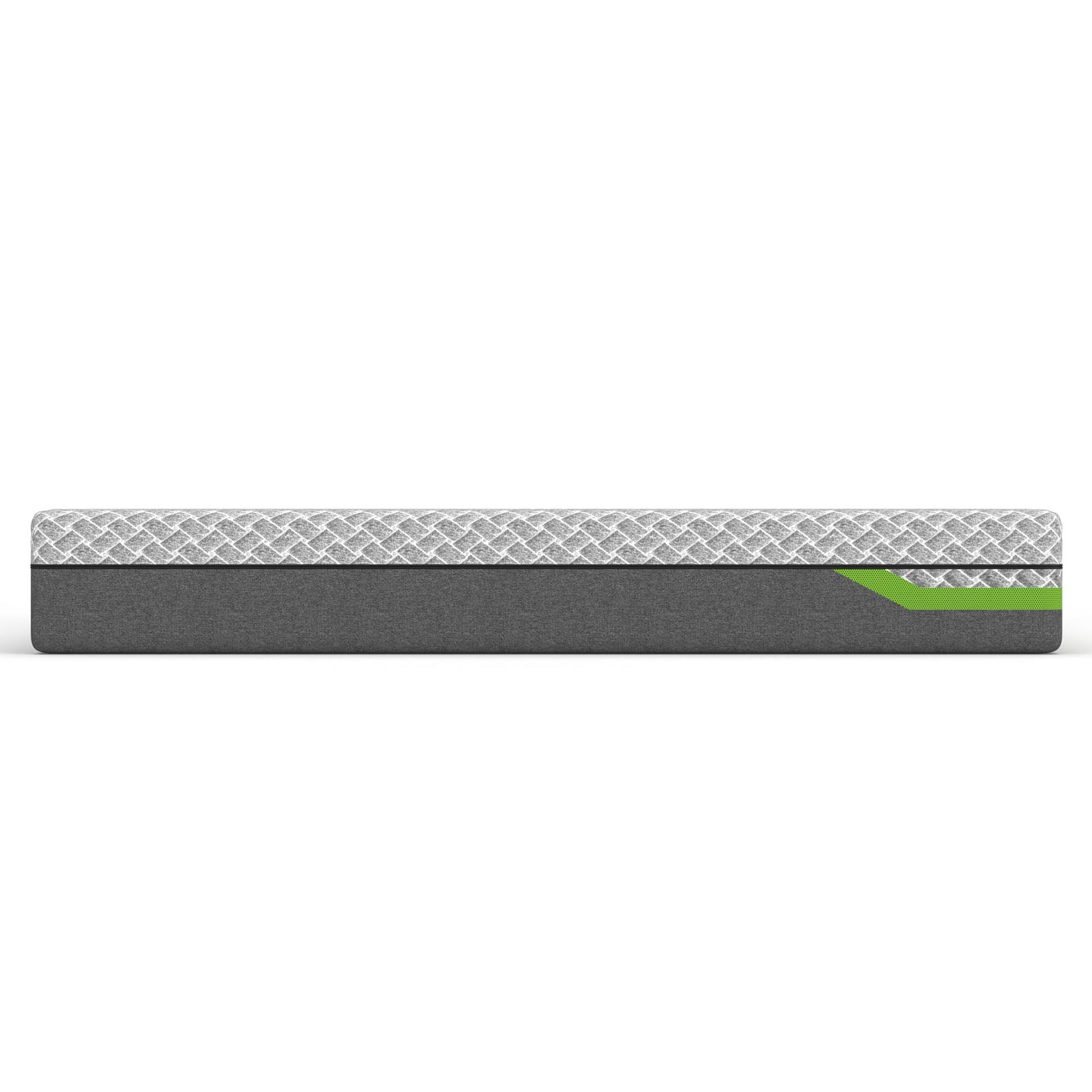 Side view of gray and green Reverie mattress on a white background