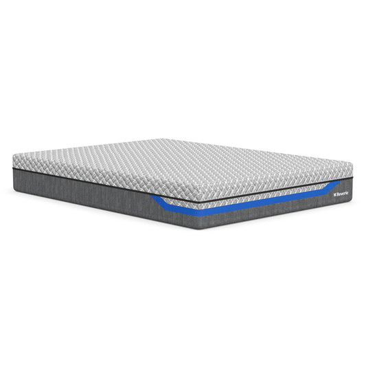 Reverie Dream Supreme II Natural queen size mattress with grey cover and blue mesh detail. 