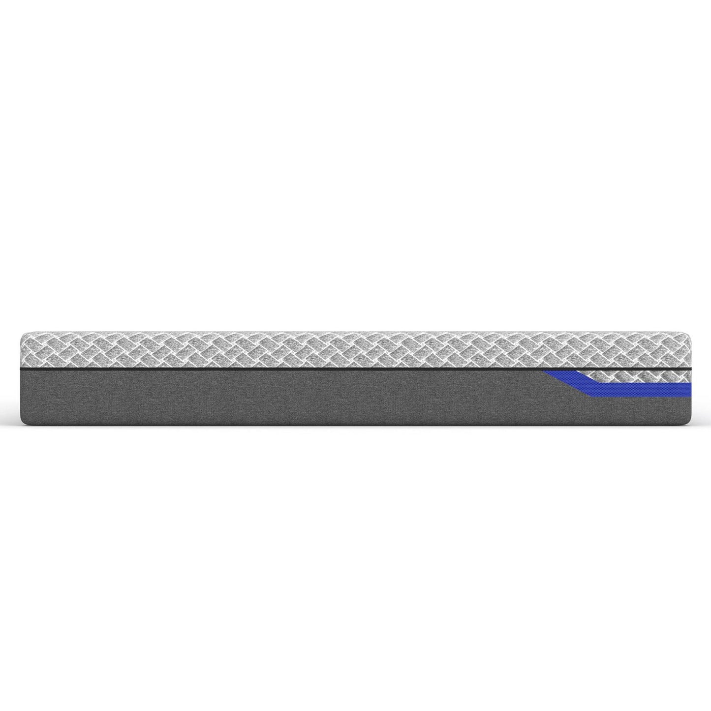 Side view of Reverie gray and blue mattress on a white background. 
