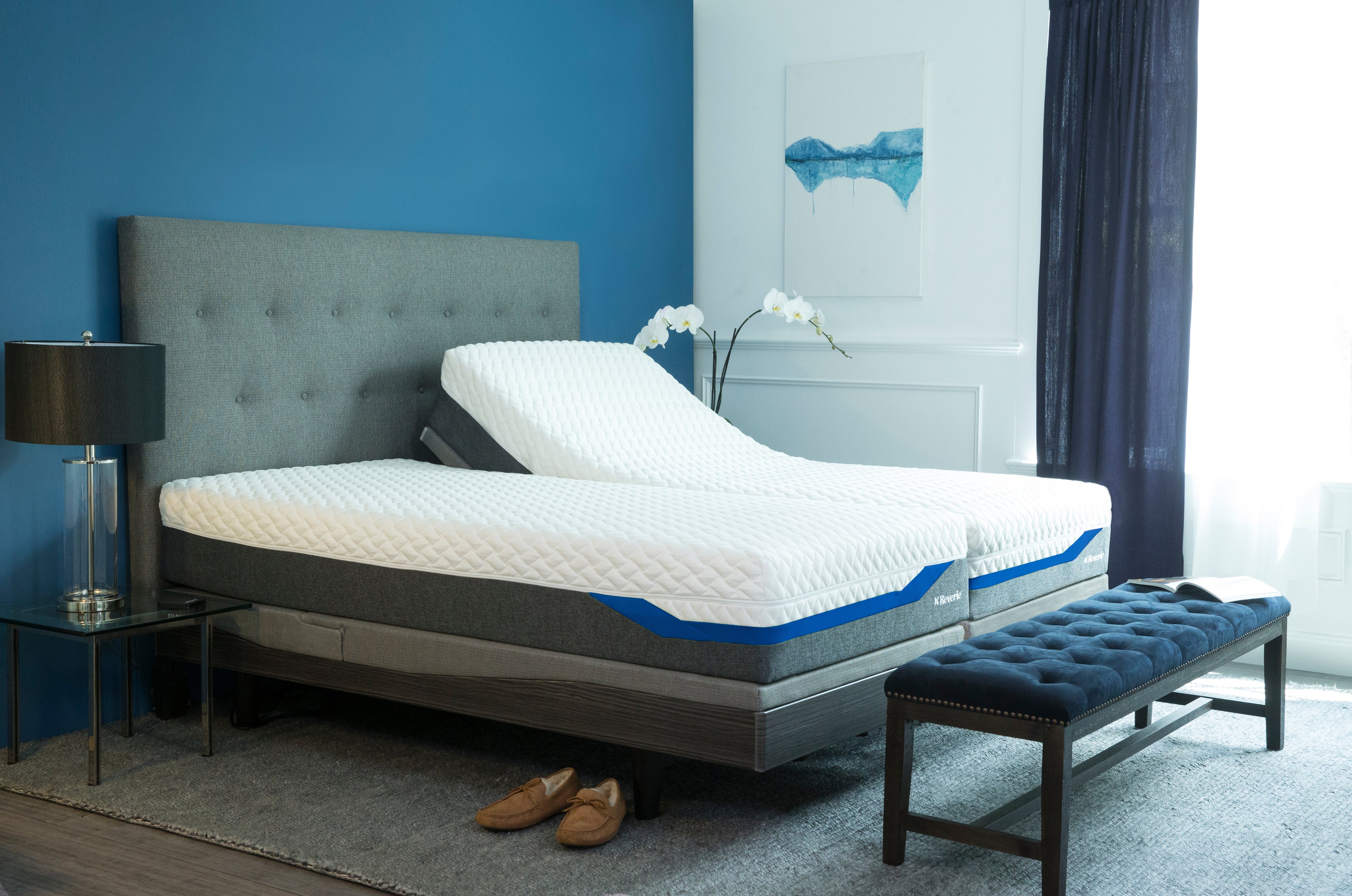 Reverie mattress with adjustable base in a bedroom setting