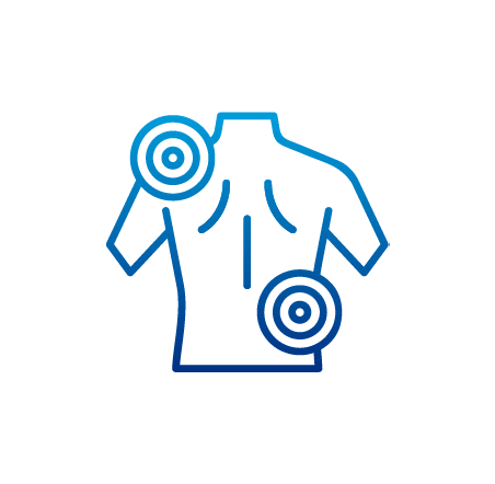 Blue outline of a man's torso with circles indicating shoulder and back pain