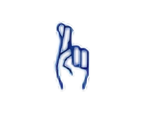 Blue icon of a hand with one finger raised on a white background