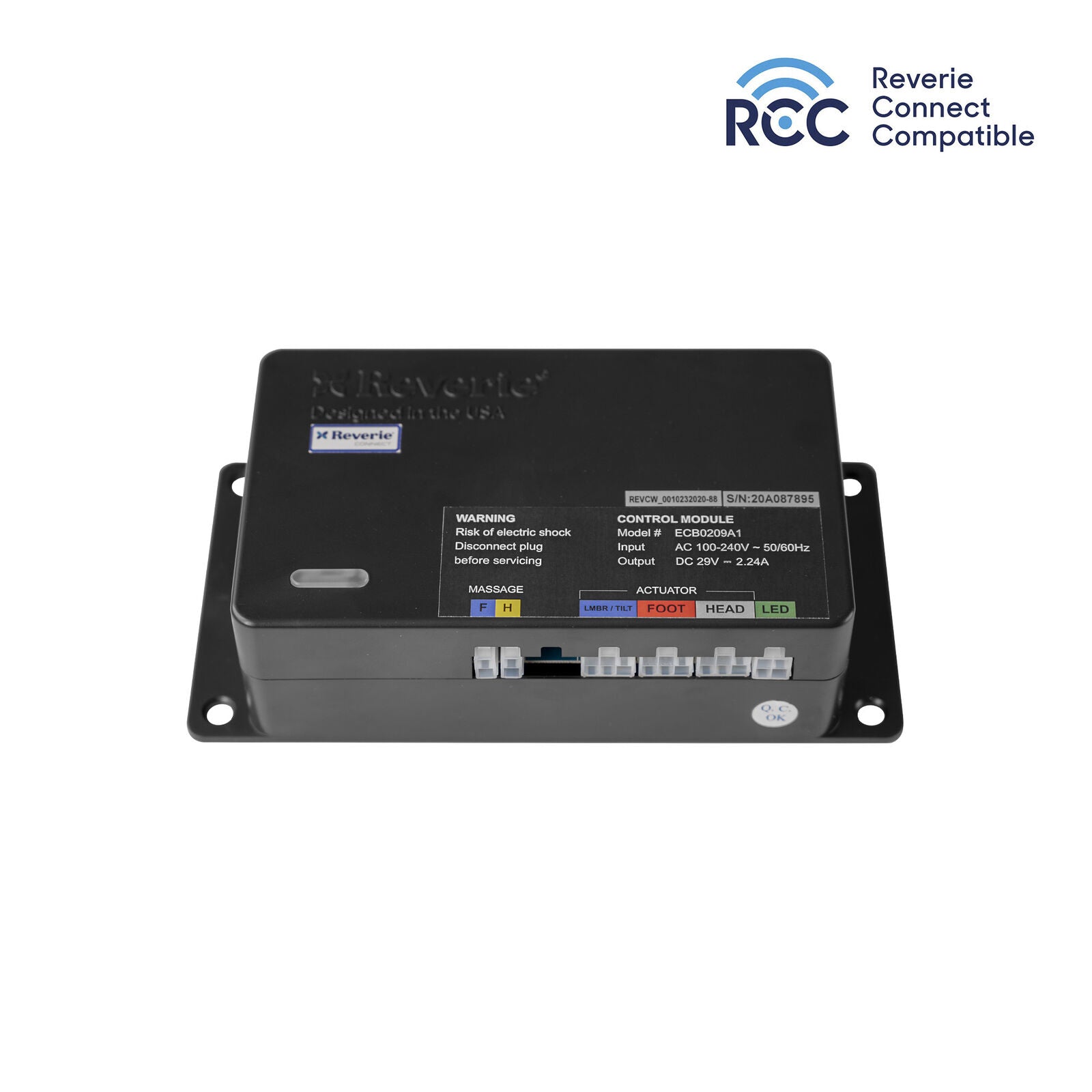 Reverie control box module on a white background with Reverie logo showing Reverie Connect Compatible with Alexa and Google Home. 