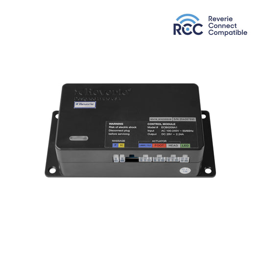 Reverie control box module on a white background with Reverie logo showing Reverie Connect Compatible with Alexa and Google Home. 